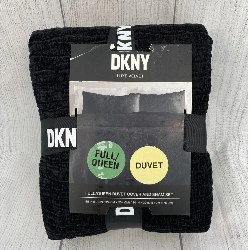 DKNY Luxe Velvet Duvet Cover Set Full/Queen Black Textured Bedding Contemporary